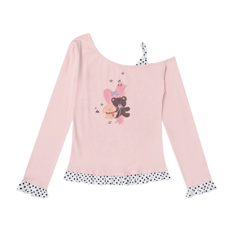 Pink Long-Sleeve Top With Black Polka Dots And Lace Trim