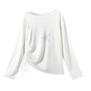 Off-Shoulder Long-Sleeve Top With Starfish Print — White