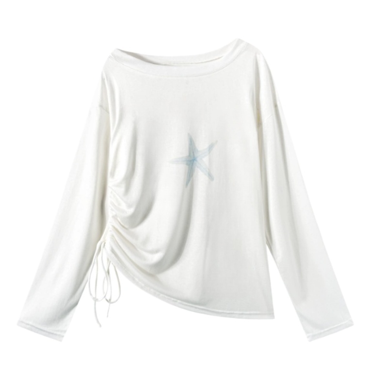 Off-Shoulder Long-Sleeve Top With Starfish Print — White