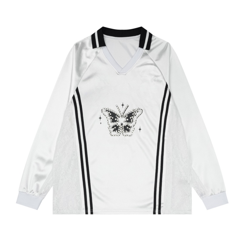 Rhinestone-Embellished Cutout V-Neck Long-Sleeve Top — White