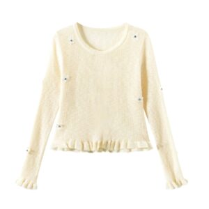 Long-Sleeve Top With Floral And Pearl Embellishments — Pale Yellow