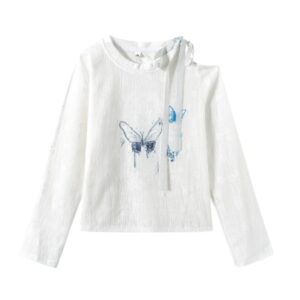 Chic Butterfly Print Long-Sleeve Top With Tie Detail — White