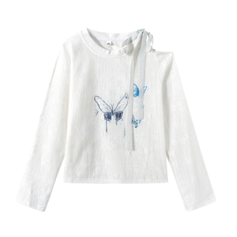 Chic Butterfly Print Long-Sleeve Top With Tie Detail — White