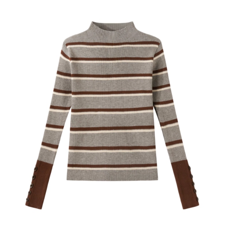 Stand-Collar Striped Knit Long-Sleeve Top — Vintage Brown